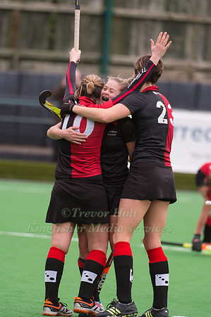 Womens Tina Cullen of Bowdon Hightown celebrates her Goal with Sally Walton and Kim Tanner league Hockey
