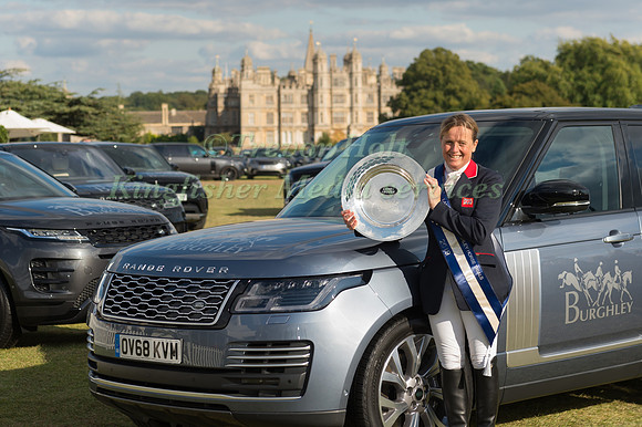 Pippa Funnell winner of the 2019 competition with the Landrover Plate in Front of Burghley House