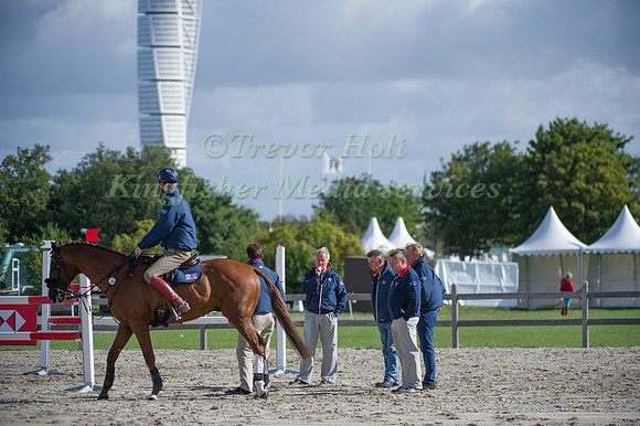 The British team in the Showjumping warm up arena