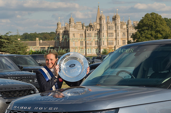 Pippa Funnell winner of the 2019 competition with the Landrover Plate in Front of Burghley House
