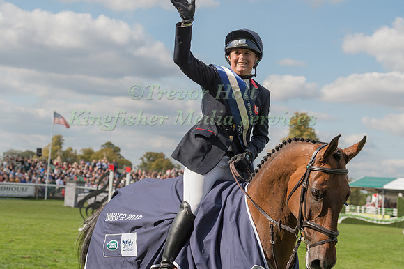 Pippa Funnell winner of the 2019  Land Rover Burghley Horse Trials on her lap of honour