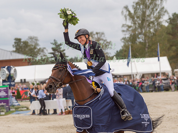 Ingrid Klimke (GER) individual and Team gold medalist at the prize giving ceremony of the 2019 Longines FEI Eventing European Championships.