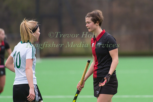 Womens Sally Walton of Bowdon Hightown and Lottie Porter of Buckingham league Hockey