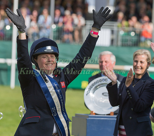 Pippa Funnell winner of the 2019  Land Rover Burghley Horse Trials at the Prize Giving Ceremony