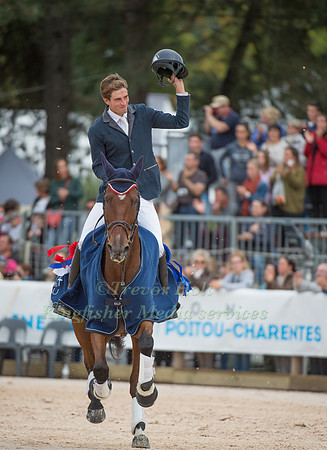 Winner of the 2016 Etoiles de Pau CCI Four Star Maxime Livio (FRA) riding Qalao Des Mers on his Lap of Honour