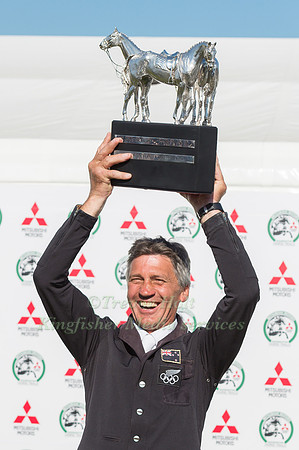 Winner Andrew Nicholson (NZL) celebrates with the trophy at the end  of the 2017 Mitsubishi Motors Badminton Horse Trials.NEF