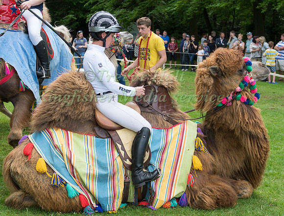 BETTINA HOY CHECKS HER POSITION BEFORE TAKING PART IN THE CAMEL RACING AT THE 2017 HOUGHTON INTERNATIONAL HORSE TRIALS