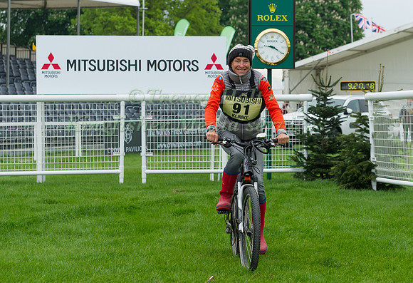 Ingrid Klimke prepares to leave the starting box on her Bicycle at the 2017 Mitsubishi Motors Badminton Horse Trials