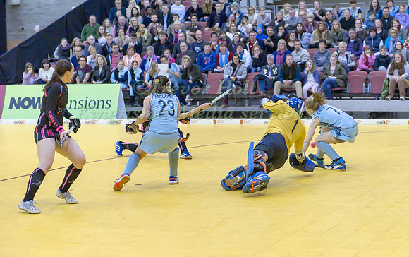 Sarah Ellis and Emma Thomas block a shot on Goal